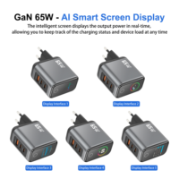 Chargeur mural GaN 65W avec prise EU, charge rapide PD, 2 ports Type-C, 1 port USB-A, avec écran numérique intelligent TFT, adaptateur pour téléphone portable, écouteurs, tablette