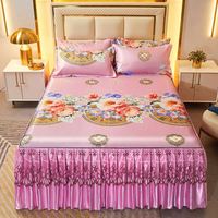 Parure de lit en soie glacée taille Queen/King, dentelle, été, style parisien, mer de fleurs, 3 pièces, 2 taies d'oreiller + jupe de lit