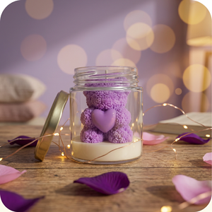Bougie en verre Teddy Purple Bear dans un bocal en verre avec motif cœur, pour la Saint-Valentin, décoration de la maison, avec couvercle - Product Image 2