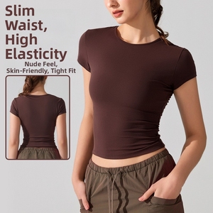 Camiseta Deportiva Casual de Cuello Redondo, Manga Corta, Transpirable, de Secado Rápido, para Yoga, con Cintura Ajustada, Corte Entallado, para Correr y Hacer Ejercicio - Product Image 3