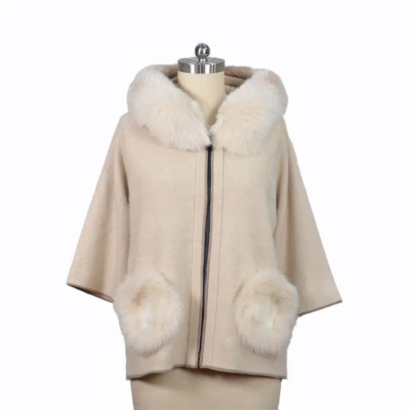 Spring Autumn 9 Quarter Sleeves Zipper Soft Loose Cute Casual Coat For Women With Real Fox Fur Collar And Pocket