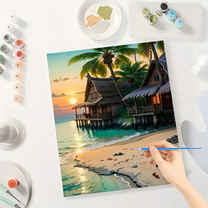Kit di pittura tropicale con numeri per adulti-capanne fai da te sulla <span class=keywords><strong>spiaggia</strong></span> e palme al tramonto 16x20 pollici, regali d'arte senza cornice - Product Image 3