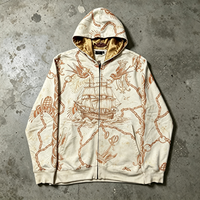 Hoodie Zip Up Heavyweight Vintage Wash dengan Cetakan Rantai Kapal, Gaya Distressed Streetwear, Pakaian Pria, Merek Fashion, Grosir