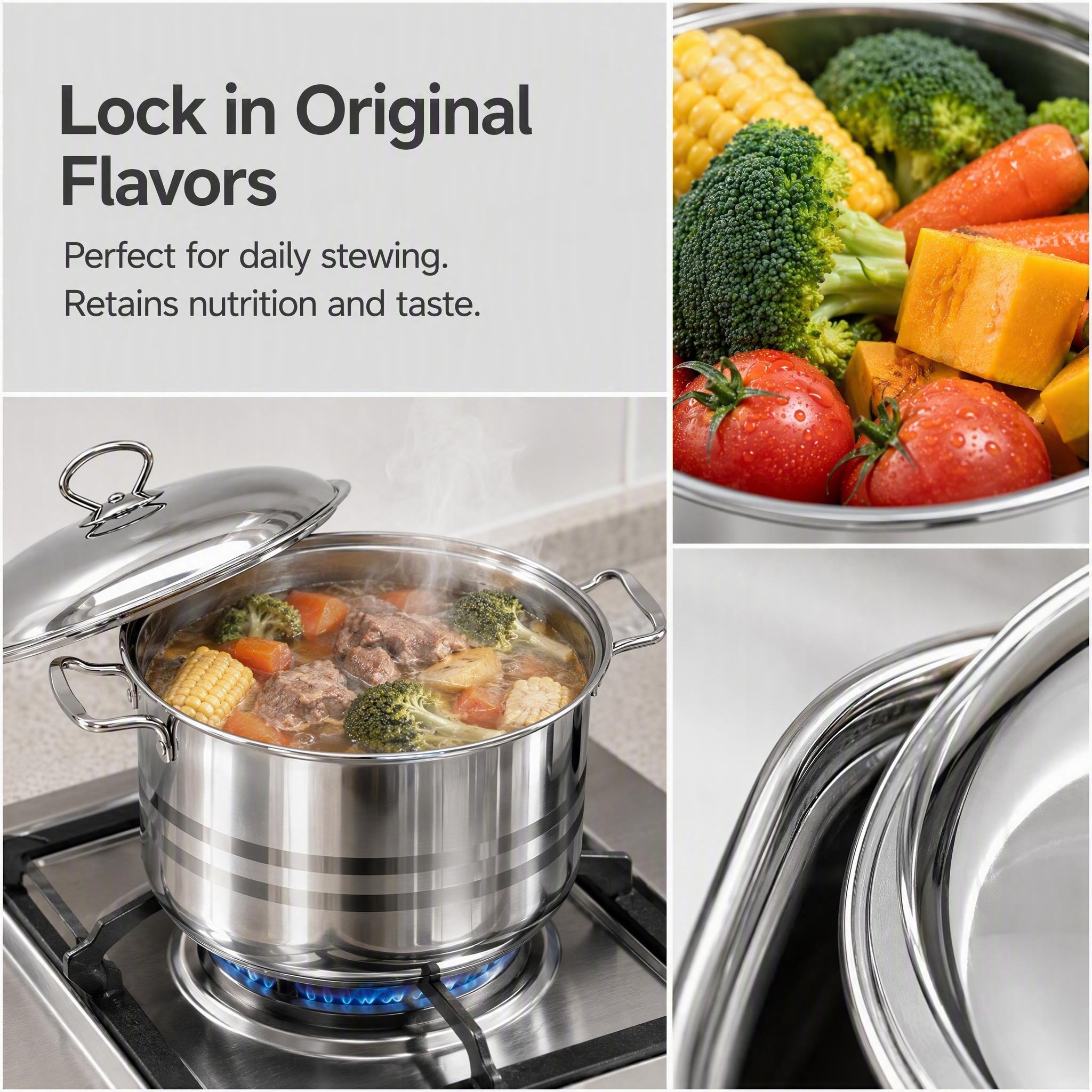 Wholesale Stainless Steel Compound Bottom Big Edge Pot Set 3Pcs 5Pcs 7Pcs, Double Handle Stock Pot With SS Lid, OEM Cookware Set · image 3