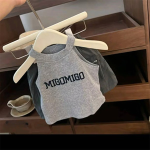 Girls Two Piece Set Halter Neck Letter Vest With Shorts Cotton Summer Outfit For Kids Fashionable Style - Product Image 3