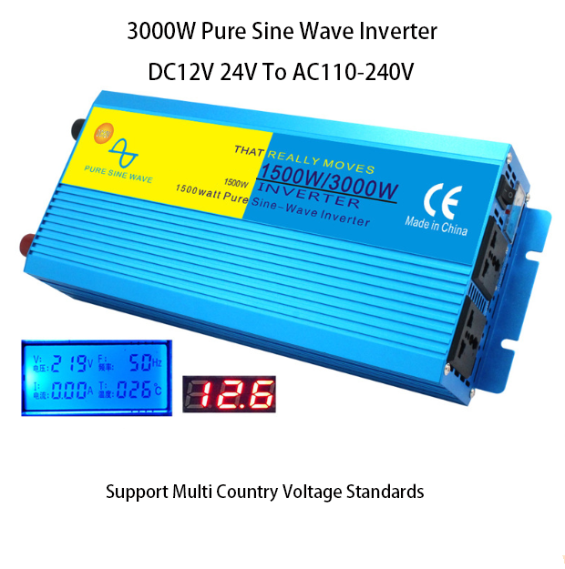 1500W Rated Pure Sine Wave Power Inverter DC12V 24V to AC220V Power Converter for RV Camper Van Home Off Grid Solar System