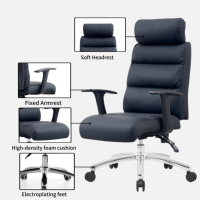 Chaise de bureau exécutive ergonomique moderne en cuir bleu foncé, hauteur réglable, accoudoirs fixes confortables, base en aluminium