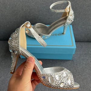 S4825F Chaussures à talon aiguille 7 cm pour femme, à bout ouvert, à boucle, grande taille, bout rond, avec strass dorés, pour mariage - Product Image 3