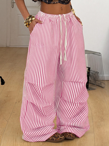 Pantalon large rayé vert pour femme, taille haute, cordon élastique, coupe ample, longueur complète, en coton, décontracté, pour l'été - Product Image 2