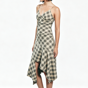 Robe midi vintage à carreaux avec bretelles spaghetti, ourlet irrégulier, bustier croisé, style cami, pour femmes, production sur mesure - Product Image 2