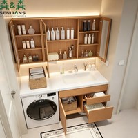Ensemble de meubles de salle de bain SLS avec intégration de machine à laver, évier intégré, armoire miroir LED, texture bois