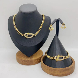 Luxury Personality Unique Full Zircon Link Charm Necklace OT Series New Crossbar <strong>Bangle</strong> Earring 3pcs Jewelry <strong>Set</strong> - Product Image 1