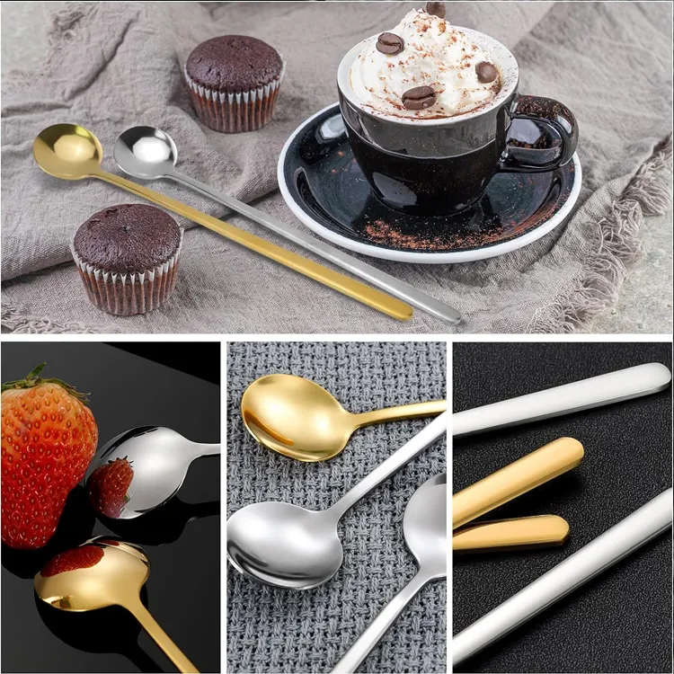 Custom Logo Mini Stirring Dessert Teaspoon Luxury Gift Gold Spoon Set Coffee Spoon Stainless Steel Long Handle Metal Tea Spoon