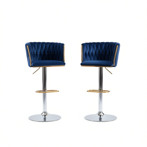 Navy Velvet Bar <b>Stools</b> Chrome Base Height <b>Adjustable</b> Swivel Modern Design For Home Commercial Use - Product Image 1