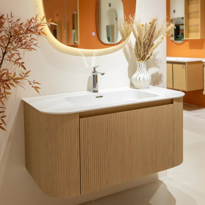 Mueble de Baño Flotante con Bordes Curvos en Madera de Roble, Gabinete de Pared con <span class=keywords><strong>Espejo</strong></span> LED Irregular, Entrega Rápida - Product Image 1