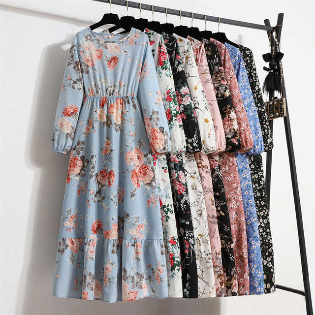 2025 Summer Women's Casual Full-Sleeve Floral Printed Polyester/Cotton Maxi Dress O-Neck Bohemian Beach Party Long
