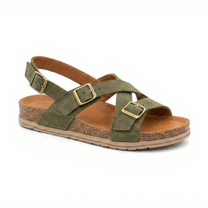 Sandalias Planas de Gamuza Verde con Cierre de Hebilla, Punta Abierta y Entresuela de Corcho, Zapatos de Verano - Product Image 1