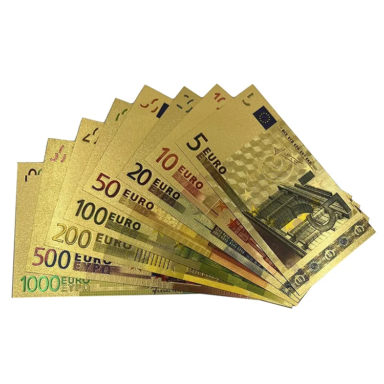 Stok tersedia Eropa kustom 5 10 20 50 100 200 500 1000 24k uang kertas berlapis foil emas