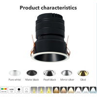 Spot LED encastré moderne haut de gamme en aluminium noir 12W pour bureau, commerce, maison, salon, avec découpe de 75 mm