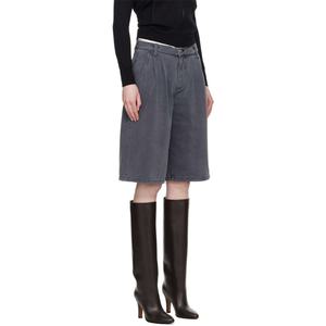 Shorts en jean gris pour femme, coupe large et droite, plissés, avec rivets, par un fabricant de jeans - Product Image 2