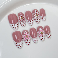 Faux ongles à presser faits main, motif floral 3D rose et blanc, pois rouges, French manucure, base rose nude, forme amande, réutilisables, manucure vintage