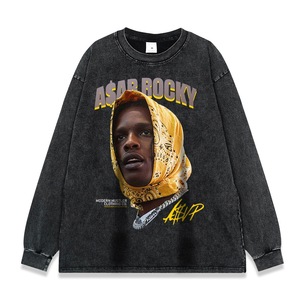 T-shirt da Uomo con Stampa Serie Hip Hop <span class=keywords><strong>Rap</strong></span>, Lavaggio Pesante Effetto Vintage, Manica Lunga, Vestibilità Ampia - Product Image 1
