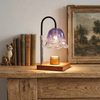 Lampe chauffe-cire électrique à intensité variable en verre violet en forme de fleur avec base en bois, lumière sans flamme pour chambre et maison