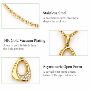Collier asymétrique en forme de larme en acier inoxydable plaqué or 14 carats avec pierre transparente et pendentif ouvert - Product Image 4