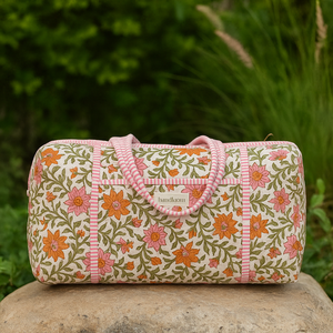 Bolsa de Lona de Algodón Estampada a Mano, Bolsa de Viaje Hecha a Mano, Bolsa de Fin de Semana con Cremallera, Diseño Floral Acolchado, Gran Capacidad, Duradera - Product Image 3
