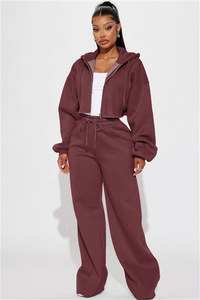 Women's 2 Piece Tracksuit Outfit, <b>Zip</b> <b>Up</b> <b>Cropped</b> Hoodie High Waist Wide Leg Sweatpants Set, Casual Oversized Sweat Suit - Product Image 6