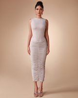 Ocstrade Robes Décontractées pour Femmes en Gros – Robe Midi Moulante Sans Manches Froncée Col Rond Extensible et Ajustée pour Femme