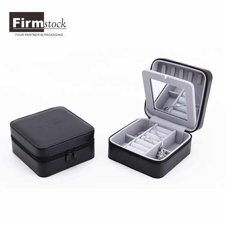 Firmstock Custom PU Leather Cardboard Jewellery Gift Box with Velvet Insert and Mirror and nylon zipper