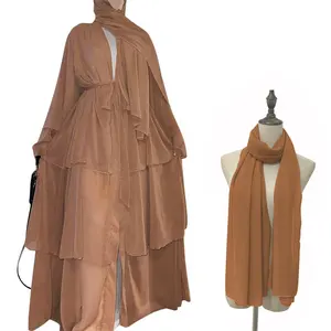 Excellent Dubai Turkey Arab Oman Elegant Chiffon Kimono With Chiffon Veil 3 Layers Open Islamic Clothing Muslim Dresses Abaya