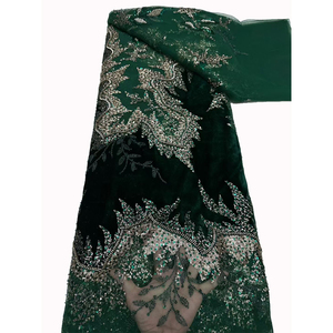 NI.AI couleur vert foncé velours luxe perle perles dentelle tissu mariée broderie paillettes Net dentelle tissus pour femmes fêtes <span class=keywords><strong>C418</strong></span> - Product Image 1