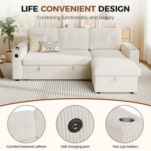 Sofá Cama Extensible 2 en 1, Convertible, Modular, Tapizado en Terciopelo, Relleno de Esponja, con Espacio de Almacenamiento, Puerto USB para Carga, Moderno, para Hotel, Centro Comercial, Escuela - Product Image 4