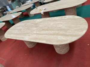 Table à manger en travertin naturel personnalisée UnionStone, meubles en pierre, table à manger ovale cannelée en marbre travertin - Product Image 6