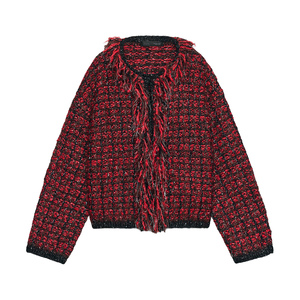 <b>Women</b> Red Black <b>Tweed</b> Knit Cardigan Fringe Tassel Open Front Round Neck Thick Long Sleeve Winter Knitted <b>Jacket</b> OEM - Product Image 3