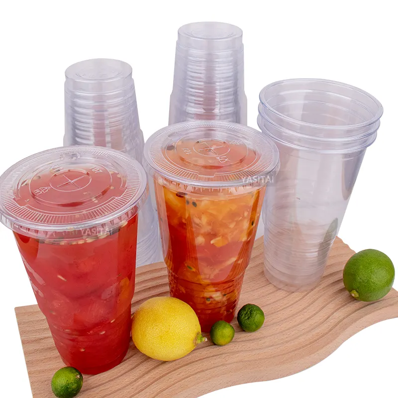 평평한 뚜껑이 있는 일회용 32 온스 투명 PET 플라스틱 컵