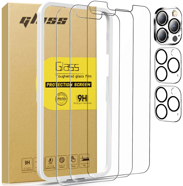 3 Pack Tempered Glass Screen Protector Film with 3 Pack Camera Lens Protector for iPhone 13 14 15 16 Pro Max 6.7 Inch