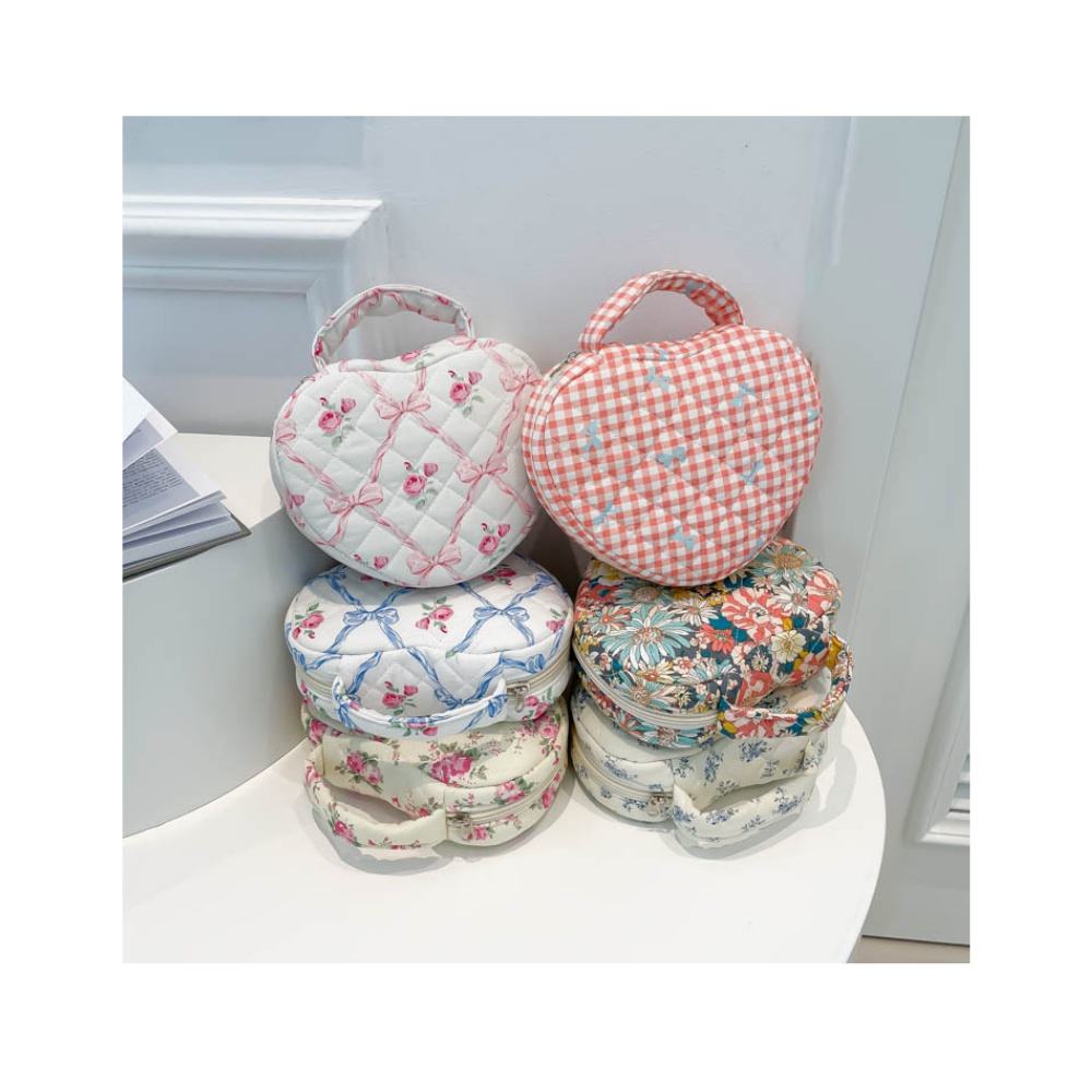 Cute Heart Shape Floral Makeup Bag Cotton Cosmetic Bag Aesthetic