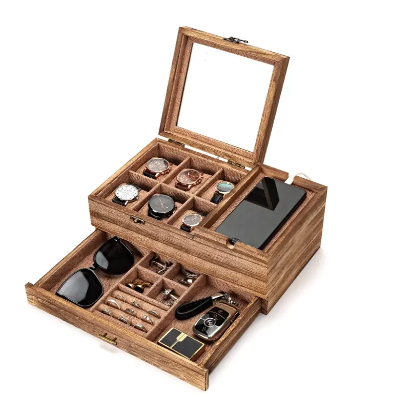 Caja de embalaje de joyería de madera maciza Caja de reloj de madera con 6 ranuras para hombres Reloj de almacenamiento de exhibición