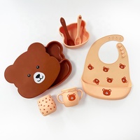Ensemble d'alimentation en silicone en forme d'ours avec assiette à ventouse, tasse à bec à double poignée, bavoir, cuillère et fourchette, sans BPA, certifié LFGB