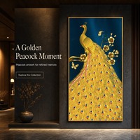 Art mural floral Paon Doré sur fond bleu, impression animale pour salon, entrée, hôtel, intérieurs Art Déco