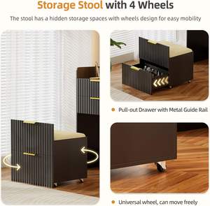 PHOENIX HOME Ensemble de vanité de maquillage compact 3-en-1 <span class=keywords><strong>Petite</strong></span> table de chevet noire cannelée 3 <span class=keywords><strong>tiroirs</strong></span> Coiffeuse cachée pour chambre à coucher - Product Image 3