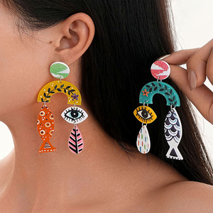 New Environmentally Friendly Acrylic Stud Earrings European American Personality <b>Fish</b> Eyes Leaf Printing Vintage <b>Gift</b> - Product Image 1