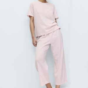 Women's Pink Cherry Print Short Sleeve Pajama Set Cute Soft Cotton Elastic Waist Sleepwear for Women Round Neck <strong>Pyjama</strong> - Product Image 1