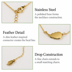 Collar con colgante de pluma, acero inoxidable, tono dorado, cadena asimétrica delicada, longitud ajustable - Product Image 4