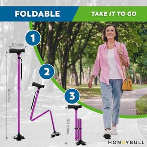 Bâton de marche pliant réglable violet avec poignée en EVA pointe pivotante <span class=keywords><strong>canne</strong></span> de marche lourde pour hommes femmes debout libre pour la randonnée - Product Image 4