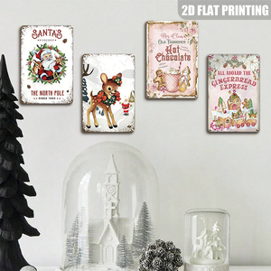 Ensemble de panneaux métalliques vintage de Noël, décorations murales rétro rennes et pain d'épices, atelier du Père Noël, Pôle <span class=keywords><strong>Nord</strong></span>, panneaux en étain - Product Image 3