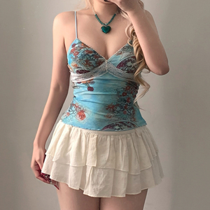 Top de malla estilo bustier con estampado retro, encaje y patchwork, cuello en V, diseño adelgazante de ajuste ceñido y color en contraste, estilo Hot Girl - Product Image 2